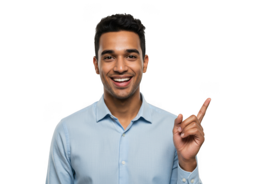 Man in blue shirt smiling and pointing upwards with index finger transparent background