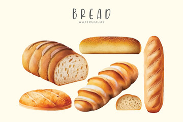 Bread Baguette Set Watercolor Bakery Illustration Fresh Artisan Bread Clipart on white isolated background