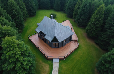 Aerial view presents contemporary home in forest. Modern architecture residence features gray metal roof. Wooden deck surrounds house. Green lawn stretches in woodland. Path leads to door.