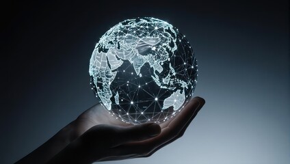 A glowing digital globe, held gently in cupped hands, against a dark backdrop