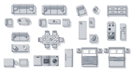Top view illustration featuring furniture and appliances for interior design planning, white background