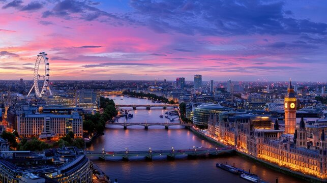Scenic Evening View of London Featuring River Thames, Cityscape, and London Eye Under a Colorful Sky