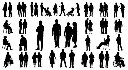 Collection of diverse people outlines in various poses, ideal for architectural renderings and design layouts, white background