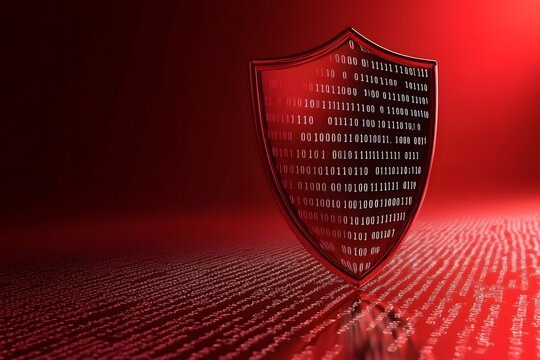 Streams of binary code flow seamlessly behind a robust shield emblem red background