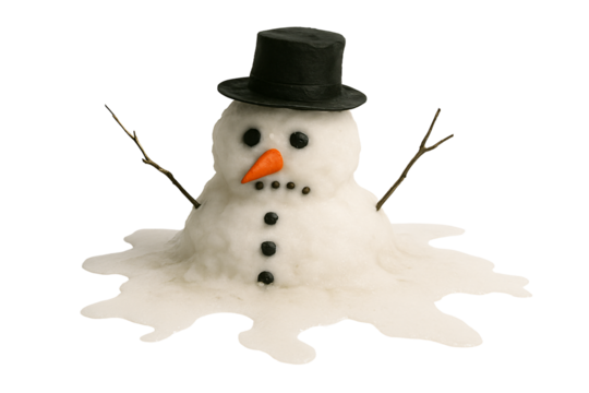 Melting snowman with branch arms on a transparent background. Winter. Festive mood.
