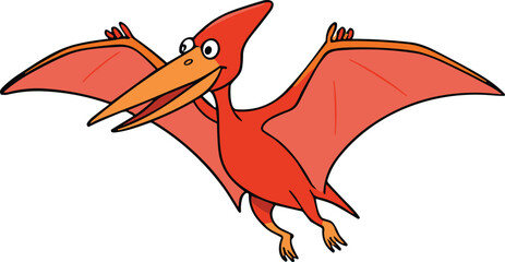 Cartoon red pterodactyl flying, prehistoric dinosaur, bright wings, expressive eyes, children’s illustration, fun reptile, educational, fantasy, extinct creature, Jurassic © Ashik World