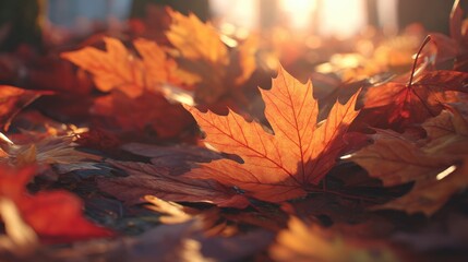 Autumn Leaves on Ground in Nature Scene with Warm Sunlight Glow