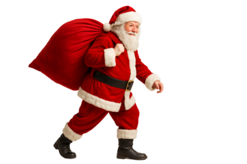 Santa Claus carrying a big sack of presents on a transparent background. Christmas. Holiday gifts.