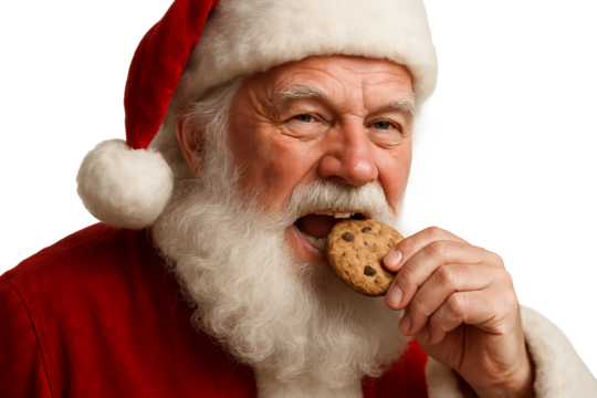 Santa Claus eating a cookie on a transparent background. Christmas. Festive mood.