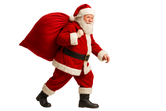 Santa Claus carrying a big sack of presents on a transparent background. Christmas. Holiday gifts.