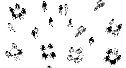Architectural vector image showing people in various positions from a top-down perspective, white background