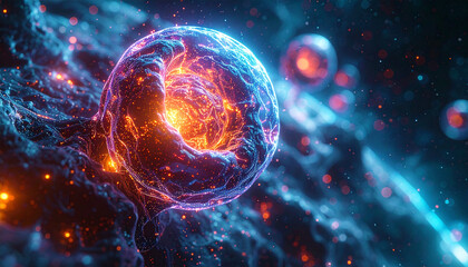 Celestial Nebula: A mesmerizing close-up of celestial orb illuminates the expanse of cosmos, showcasing its brilliant core in a tapestry of ethereal nebula and stars. 