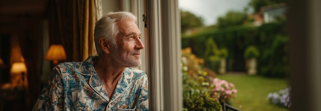 Through glass doors, an elderly guy in pajamas leans on the balcony railing and looks out at the well-kept lawn. - Powered by Adobe