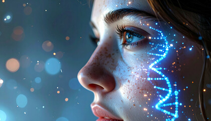 Digital DNA Portrait: An introspective portrait of a young woman, her face delicately illuminated by a digital representation of a DNA strand, hinting at the intersection of technology and identity.
