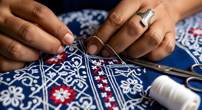 A close-up of skilled hands performing traditional hand embroidery on blue fabric with red and white patterns, highlighting craftsmanship, cultural heritage, and the art of textile design.

