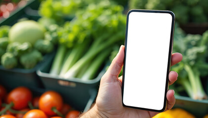 Person holds phone with blank screen near fresh farm vegetables. Smart farming tech helps control production. Mobile app promotes eco products. Modern agriculture uses digital solutions for harvest.