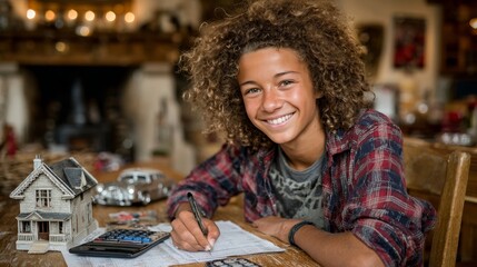 Fototapeta premium Financial Future Planning Aspiring Homeowner Calculates Savings for Dream Property Investment Goal