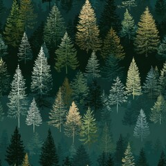 Obraz premium Dense forest filled with evergreen trees and subtle snow accents.