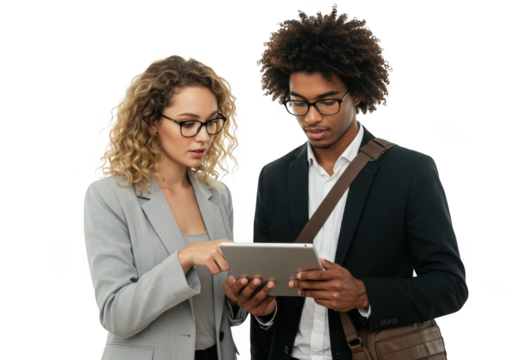 Two business people looking at a tablet, isolated on transparent background