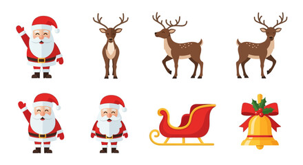 Flat Style Cheerful Santa Claus with Reindeer and Sleigh Christmas Icon Set