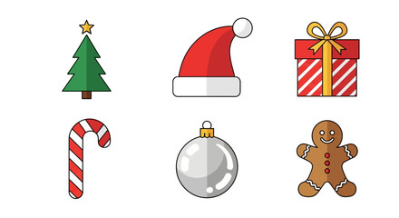 Flat Design Christmas Elements Icon Set Santa Hat Gift Box