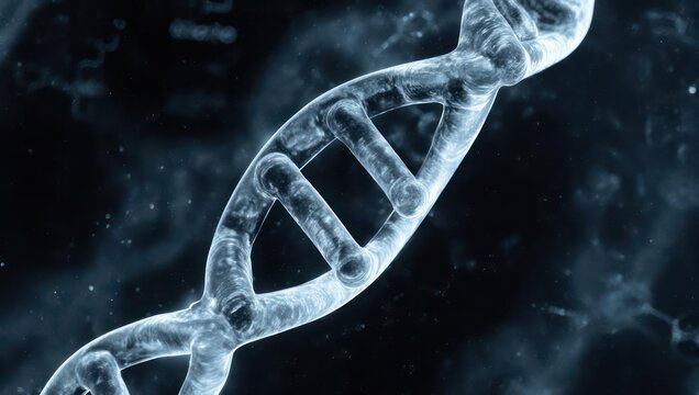 A glowing, translucent double helix against a dark, mottled background representing life's blueprint