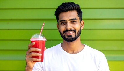 Fototapeta premium Man smiling, holding a red beverage in a clear cup