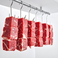 Raw, diced beef pieces hanging on metal hooks