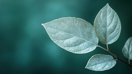 Close up of three light green leaves on thin branch against teal background showing frosted texture and visible veins