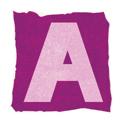 Flat design stylized letter A is floating on torn grainy magenta square with clear background