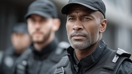 Fototapeta premium A man with a black hat and a black vest stands with two other men