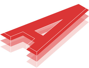 Displaying red 3D letter A in isometric with layers and triangle cutout on transparent background