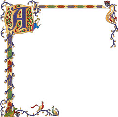 Medieval corner border is showing illuminated letter A with vines, birds on transparent background