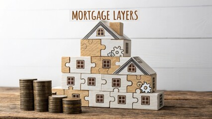 Creative Visualization of Home Financing Concept with Puzzle Houses and Coins on Rustic Wooden Background