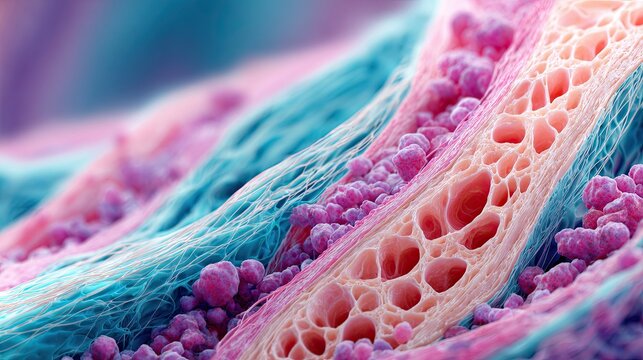 A vibrant microscopic view of cells, showcasing intricate structures in shades of pink and blue, highlighting the complexity of biological forms.