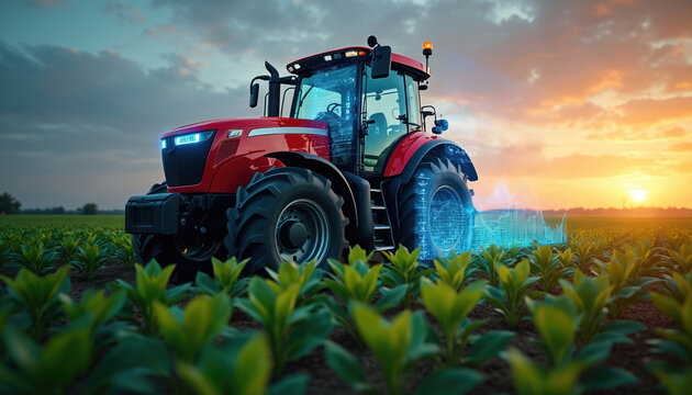 Modern tractor operates within field during sunset. AI system monitors crop health using data visualization overlay. Precision farming utilizes technology to optimize yields, improve efficiency,