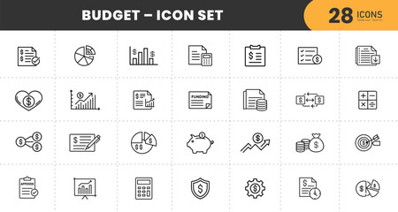 Budget Icon Set – Finance and Money Line Icons for Accounting, Planning, Investment, Savings, Analysis, Profit, Growth, Tax, Income, Funding, and Financial Management  with transparent Background.