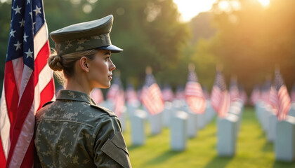 Female soldier in uniform stands beside American flag at memorial cemetery. Many flags mark graves in background. Person pays tribute to fallen soldiers on national holiday. Atmosphere solemn,