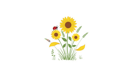 A cheerful bouquet of bright yellow sunflowers stands tall with a ladybug perched on a petal and green grass all around.