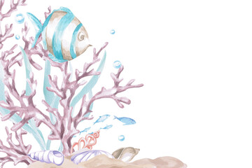 A rectangular frame with sea creatures, corals and striped fish. Isolated watercolor illustration of underwater creatures for children's interior design, party areas, playrooms, and swimming pools.