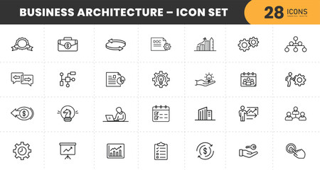 Business Architecture Icon Set – Line Icons for Planning, Process, Management, Organization, Strategy, Development, Teamwork, Analysis, Workflow, Growth, and Success  with transparent Background.