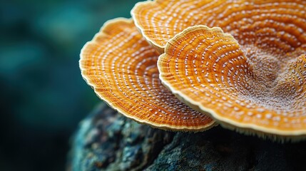 Close up of orange bracket fungi with concentric ridges on tree trunk showing fan shaped growth and forest biodiversity