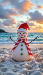 Festive Beach Scene with Snowman Sunset