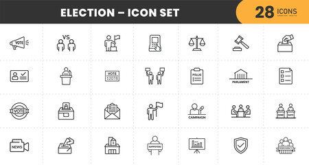 Election and Voting Icon Set – Thin Line Vector Illustrations of Democracy, Campaign, Ballot Box, Politics, Debate, Government, and Political Rights with transparent Background.	
