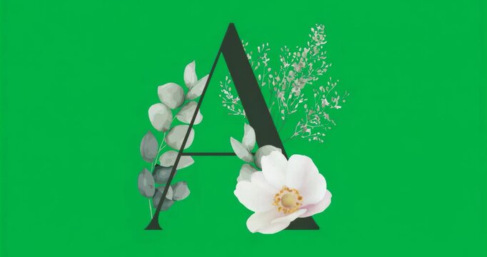Opening frame featuring uppercase A, eucalyptus, baby-breath on transparent background for branding