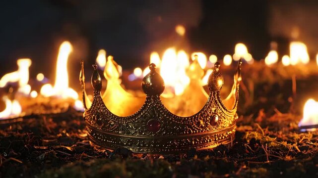Dramatic close-up of a golden ornate crown resting on earthy ground, surrounded by flickering flames and bokeh fire light