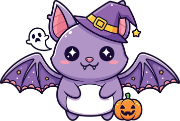 Adorable witch bat with ghost and pumpkin for spooky season fun