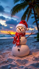 Sandy Beach Santa Hat Snowman