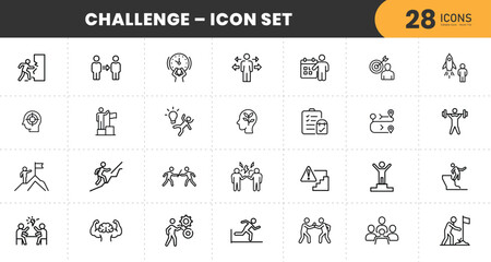 Challenge and Success Icon Set – Thin Line Vector Illustrations of Motivation, Goal Achievement, Teamwork, Leadership, and Overcoming Obstacles with transparent Background.
