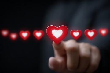 Engaging Online Followers Close Up of Finger Tapping Heart Icon in Social Media for Likes